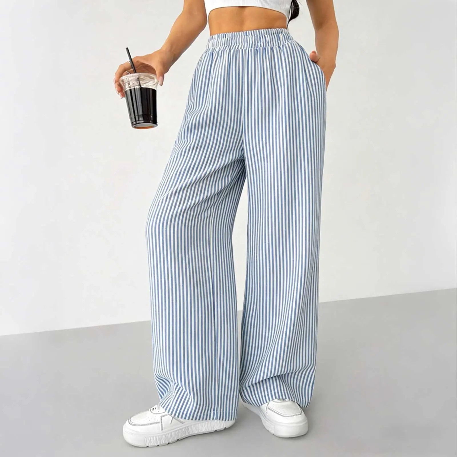 Women's High-Waisted Striped Linen Wide-Leg Pants - Elastic Waist, Pull-On Ease, Side Pockets, Relaxed Casual Trousers for 2-3 Season Year-Round Wear, Linen Pants Women