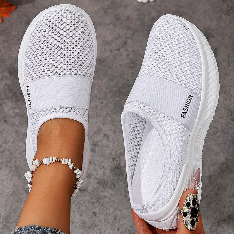 Women's Flyknit Mesh Backless Casual Sneakers - Plain, Lazy Look Shock-Absorb Shoes with Soft Thick Cushioned Insole, Lightweight, Breathable, Sweat-Resistant Slip-On for Daily Commutes, Shopping