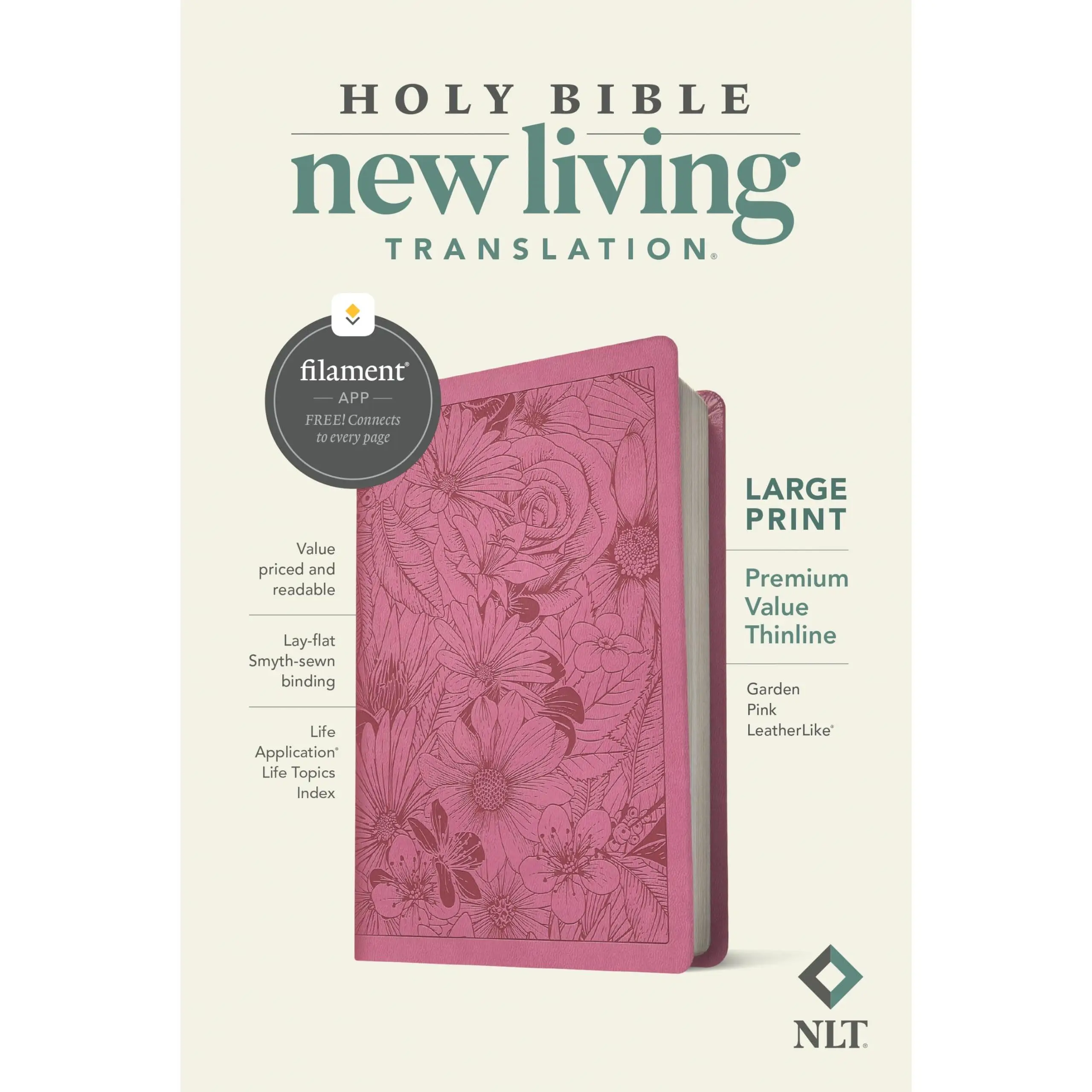 NLT Large Print Premium Value Thinline Bible, Filament Enabled (Leatherlike, Garden Pink) -- Tyndale - Bible