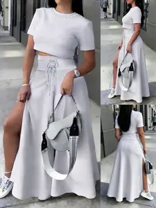 Women's Summer Elegant Chic Set, Short Top with High-Waisted Split Long Skirt, Comfortable Casual Wear, Perfect for Daily