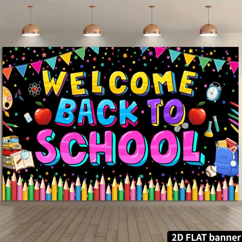Welcome Back Banner with Pencil and Apple Design, Classroom Decor for Home Office Party Wedding Birthday, 2D Hanging Decoration, Hanging Banners