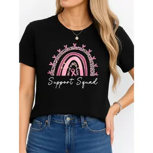 Support Squad Rainbow T Shirt Black Breast Cancer Awareness Personalized Unisex Women's Top Summer Comfortable Breathable Short Sleeve Tee Suitable For All Outfits Made In Usa