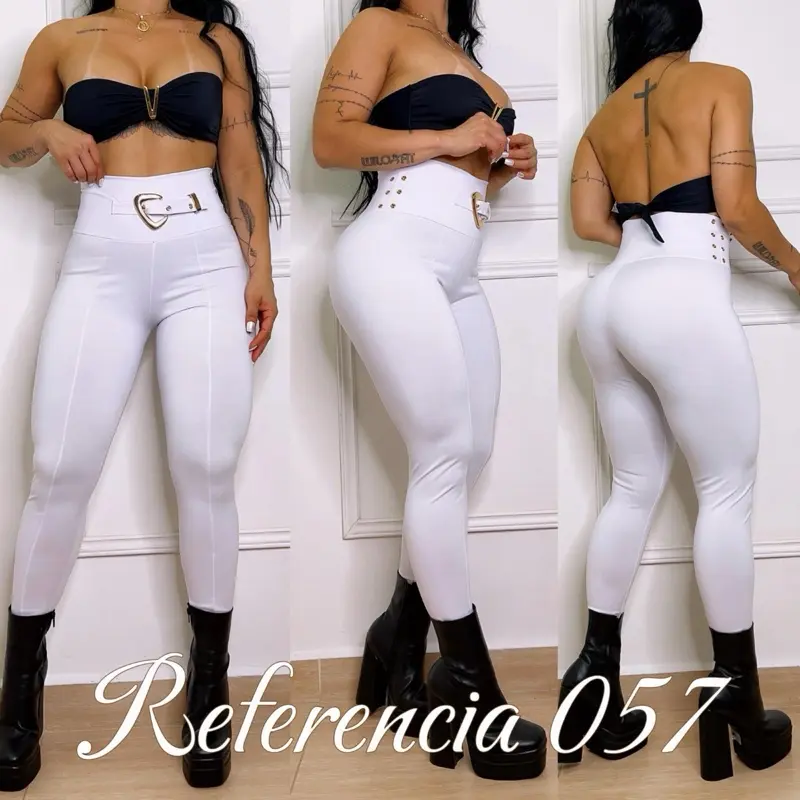 Colombiana Leggings Referencia 057 - White High-Waisted with Gold Buckle and Studs - Comfortable and Stylish