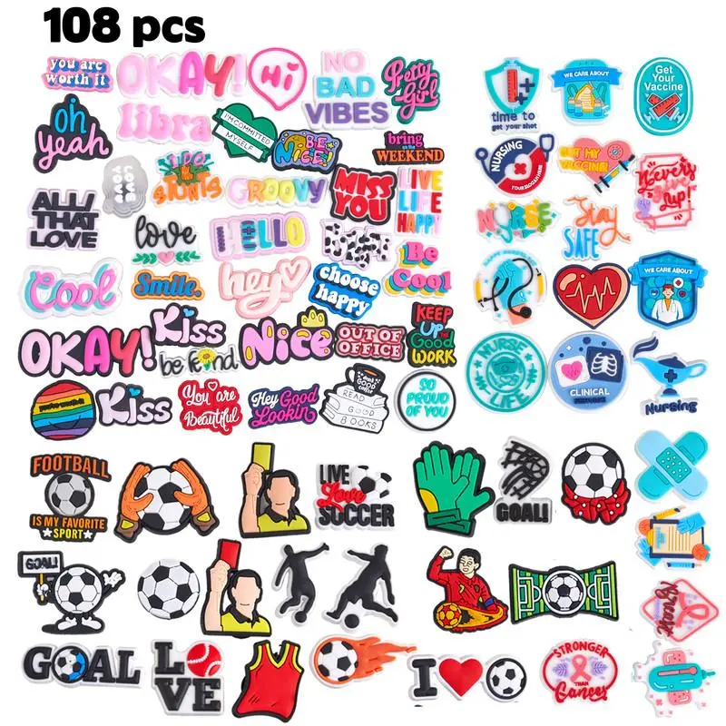 108PCS Multi Theme PVC Shoe Charms Mixed 31 Football +45 Inspirational Slogan +32 Pink Blue Nurse Day, Soccer Athletes, Positive Text & Pastel Medical Motifs, Soft PVC Charms for Clogs Sandals DIY, Nice Party Trinkets for Sports Fans and Medical Staff