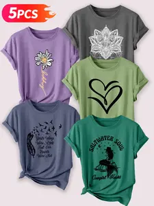 5PCS Boho & Sentimental Themed Women's Casual Short Sleeve Crew Neck Cotton T-Shirt Set – Bestselling Minimalist Graphic Print, Multicolor, Machine Washable Spring & Summer Top, Soft Skin-Friendly Fabric, Daily Versatile, Fashion Design