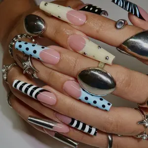 Yellow French Tip Press On Nails | Blue Boho Mediterranean Summer Nail Set | Handmade Reusable Nails