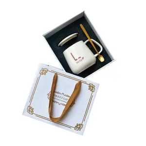 White Ceramic Mug Gift Set – With Lid & Gold Spoon (Premium Gift Box)