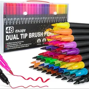 48 Color Brush Tip Markers Set, Dual Head Water-Based Paint Pens, Ideal for Coloring Books & Calligraphy, Creative Drawing Supplies