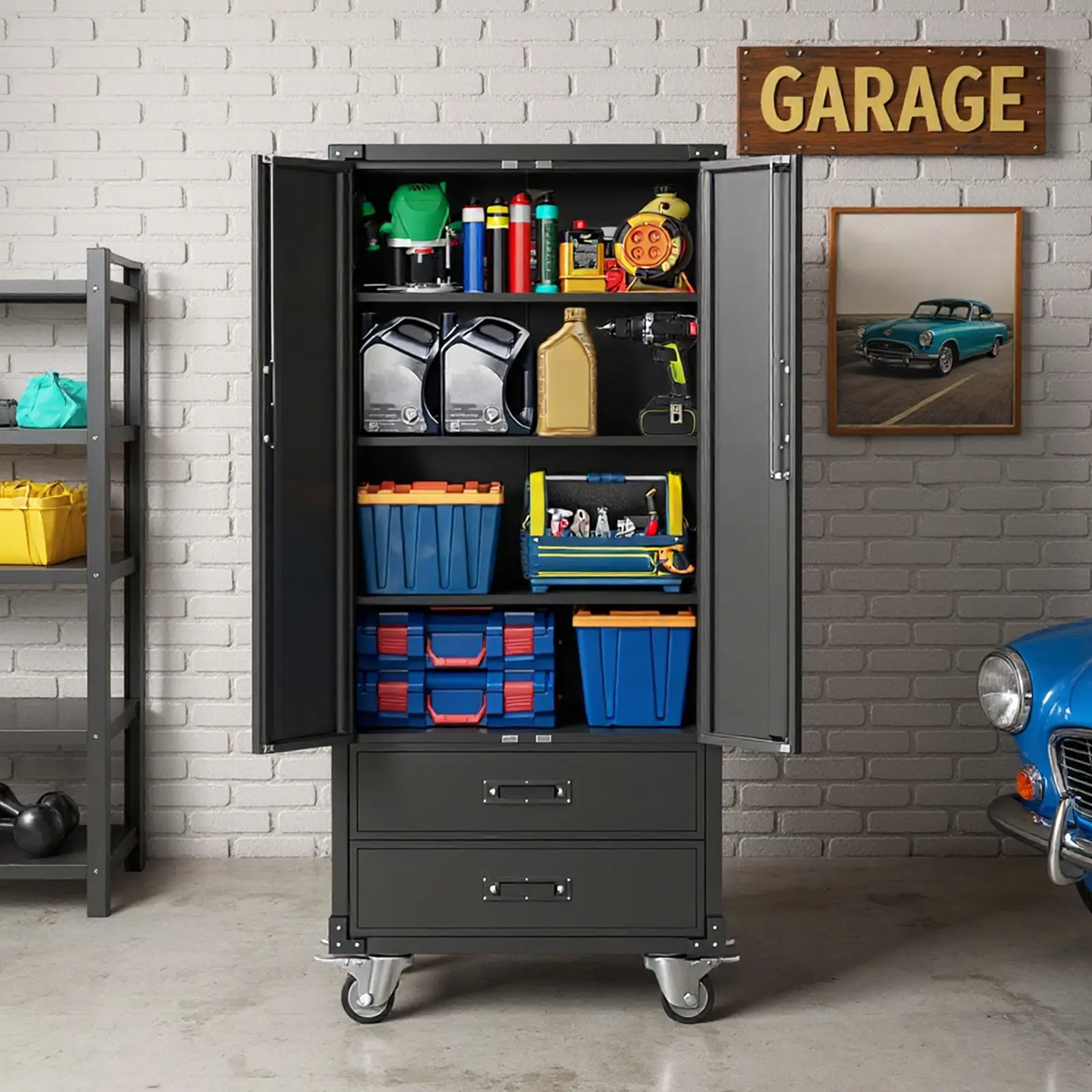 Heavy Duty Metal Garage Storage Cabinet with 2 Drawers, Locking Garage Tool Cabinet on Wheels, Adjustable Shelves & Pegboard, Mobile Organizer for Workshop Warehouse
