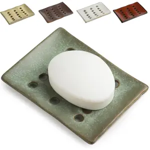 Soap Dish for Shower, Ceramic Soap Holder with Self Drain, Soap Saver to Lift Soap Keep Dry, Soap Dishes with Concave Design to Keep Soap Not Slip, Suitable for Kitchen and Bathroom, Green