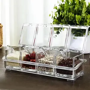 Clear Seasoning Box,4  Jars Condiment Containers with Lids and 4 count Spoons 1 count Tray Seasoning Organizer for Salt, Sugar,Cardamon, Cinnamon,Cloves,Mustard,Nutmeg,Pepper and Tumeric