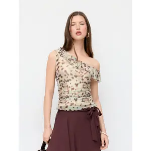 Cider Mesh Leopard Asymmetrical Neck Bowknot Ruffle Blouse