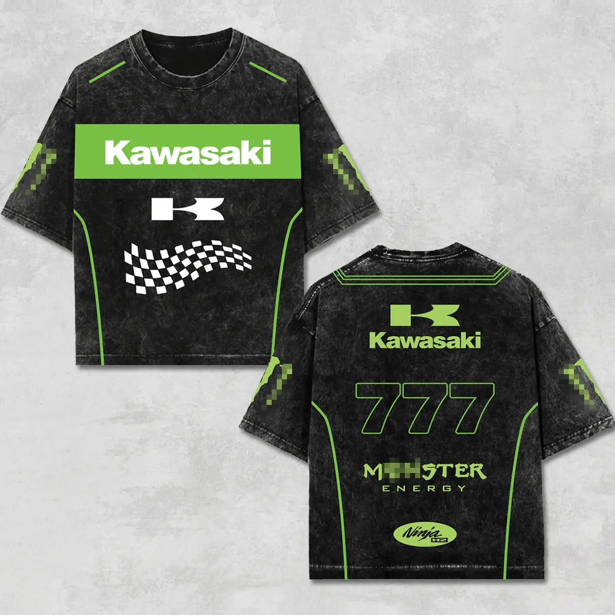 Retro Kawasaki Ninja H2 777 Graphic T-Shirt Black Acid Washed, Monster Racing Superbike Enthusiast, Motorcycle Biker Graphic Streetwear, Heavyweight Oversized Tee, Retro Moto Gear Apparel Men’s Grunge Y2K Racing Shirt Style
