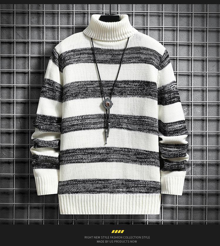 High-neck Men's Autumn And Winter Long-sleeved Trendy Slim Striped Sweater