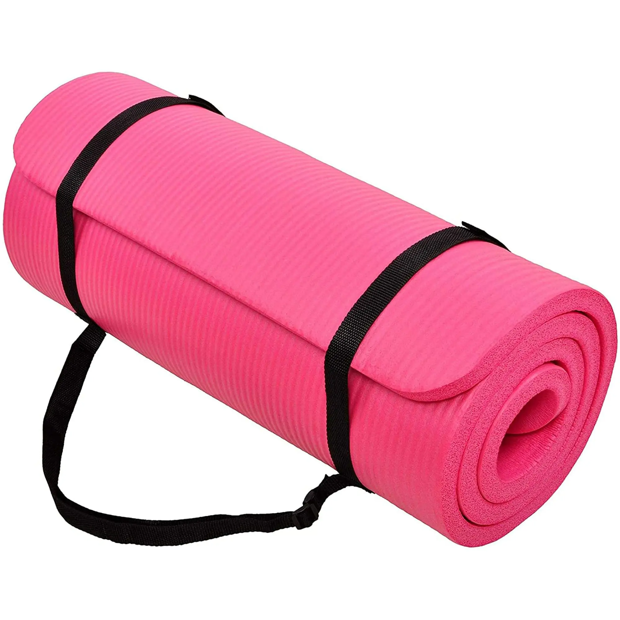 Pink Yoga Mat with Black Straps for Easy Transport and Storage