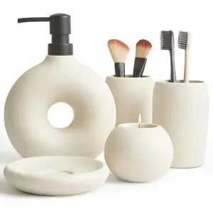 Ceramic Bathroom Accessories Set, 5-Piece Set-16 Oz Soap Dispenser, Toothbrush Cup, Toothbrush Holder, Soap Dish, Candlestick-Beige, Bohemian Bathroom Sink Decoration, Modern Countertop Accessories