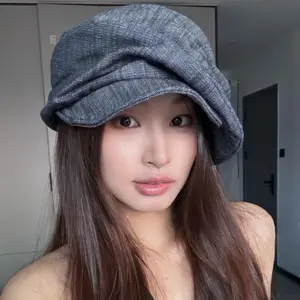 Japanese-style niche retro pleated hemp beret for women, large head size makes face look smaller, octagonal hat, painter's hat.