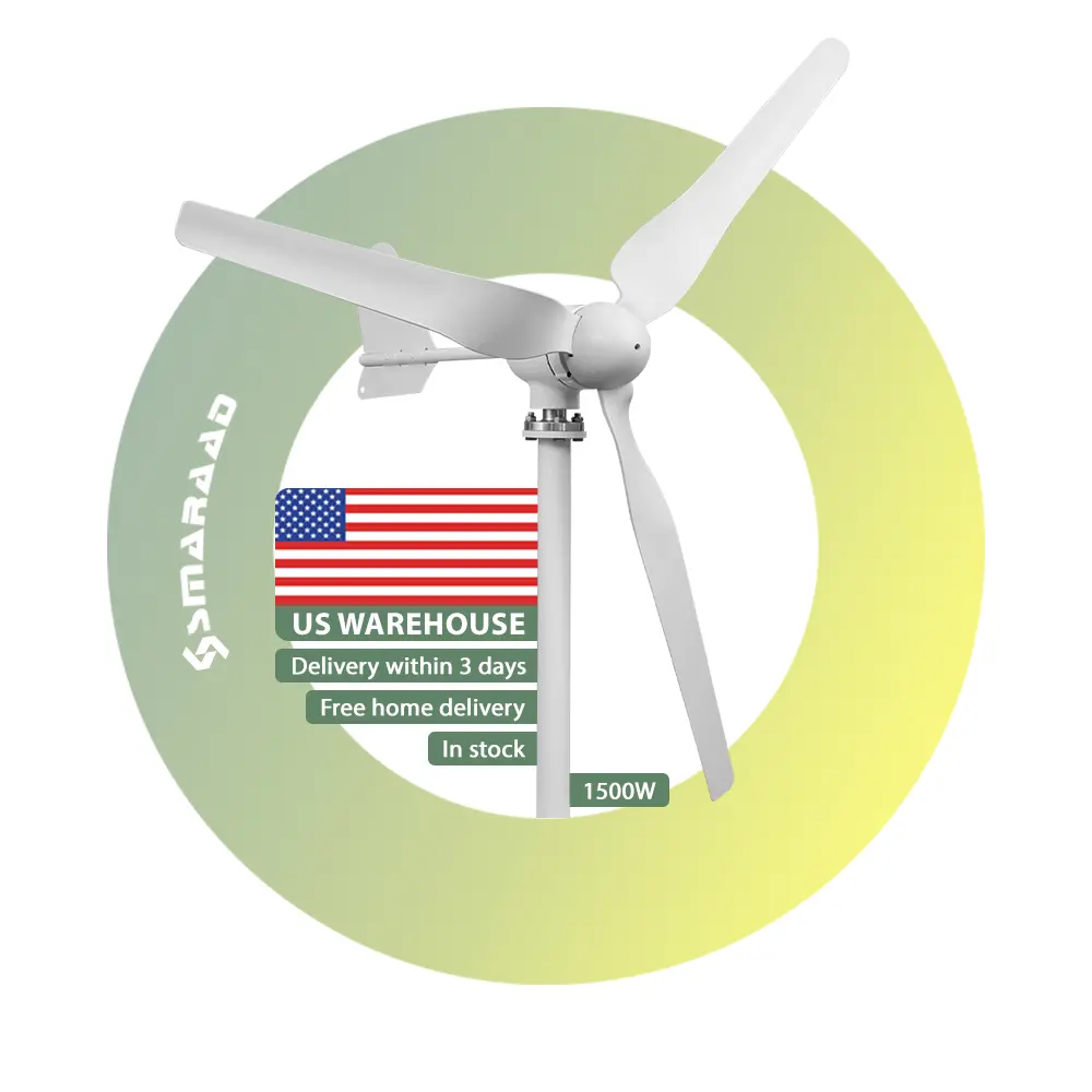 SMARAAD Horizontal Wind Turbine Generator, 1500W 12V/24V, Low Noise 3 Rotor Blades, Cast Aluminum Alloy Housing, US Warehouse Convenient Shipping, Household Use with Free MPPT Controller, Quiet Operation, Horizontal Wind Generator