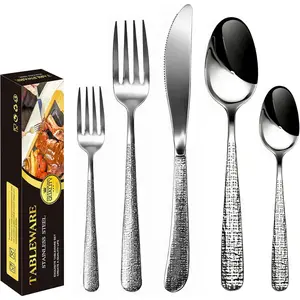 5-Piece Stainless Steel Silverware with Knife Forks & Spoons, Hammered Handle Design, Mirror Polished, Dishwasher Safe, Gift Box Included