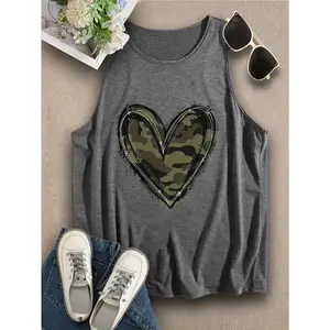 Women's Camo Heart Graphic Tank Top - Military-Inspired Geometric Print Sleeveless Shirt, Soft Stretch Cotton, Relaxed Fit, Machine Washable, Spring/Summer Casual Wear, Sizes S-XXL, Camo Tank Top, Summer Tank Shirt, Streetstyle Fashion, Comfortable Fabri