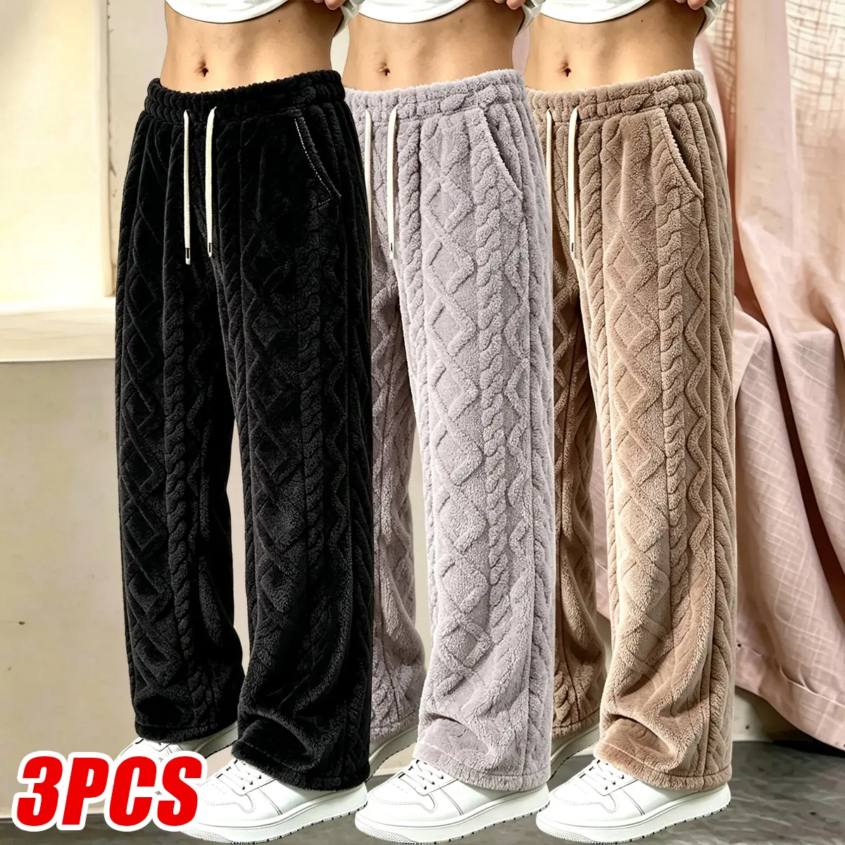 JOGWAVE Women’s Baggy High-Waist Cozy Fuzzy Cable-Textured Wide-Leg Pants with Pockets, Elastic Drawstring, Plush Loungewear Trousers for Fall-Winter Home Wear