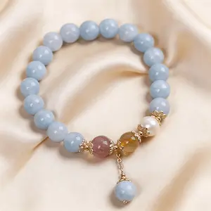 Crystal Charms Collection Women's Aquamarine Strawberry Quartz Citrine Pearl Beaded Bracelet for Calmness Stress Reduction & Emotional Healing