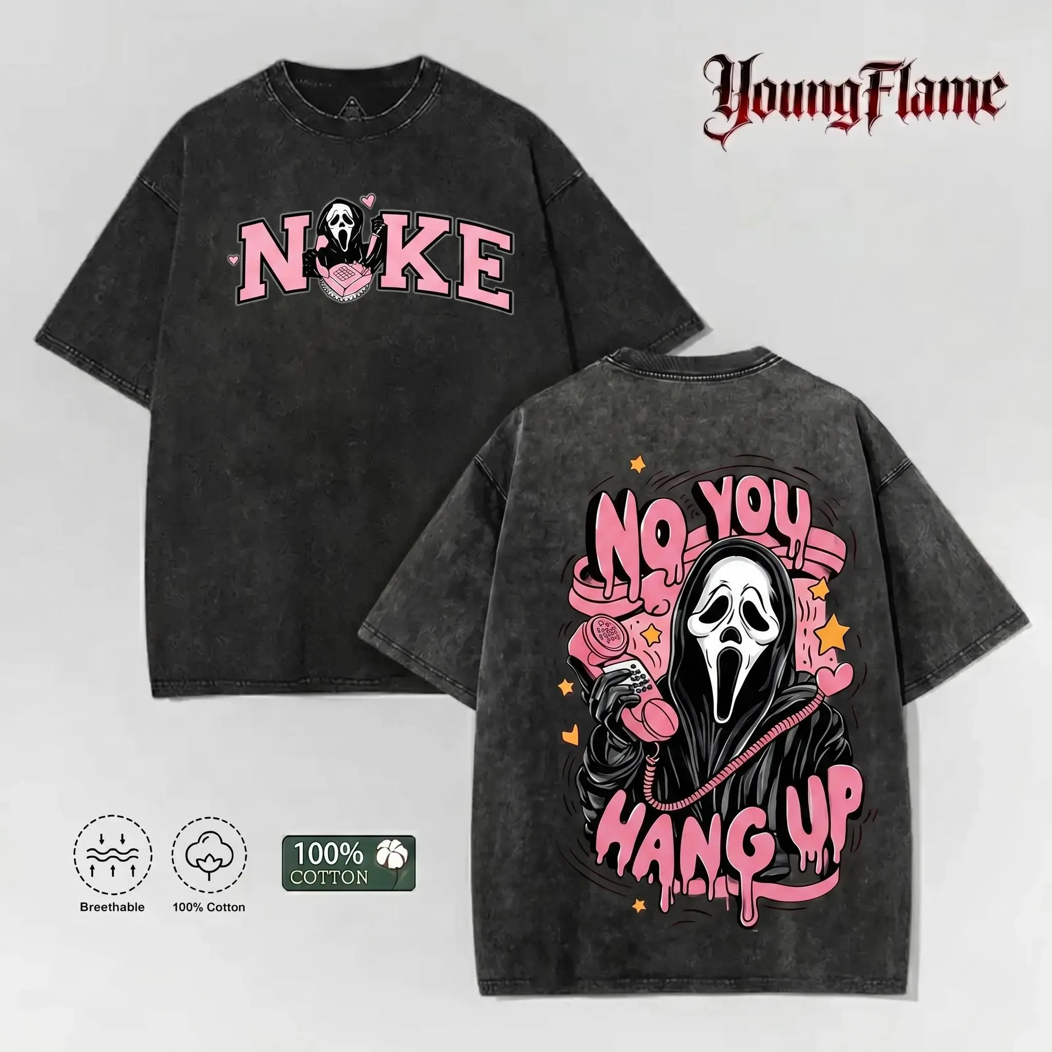 Vintage Acid Wash "No You Hang Up" Graphic Tee | Creepy Cute Ghost Oversized Shirt | 100%25 Cotton Y2K Parody Streetwear short-sleeved t-shirt men cottontees top vintage menswear loose fit summer casual shirt