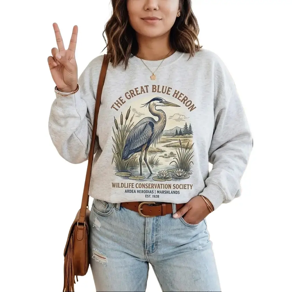 Great Blue Heron - Retro [Unisex] Sweatshirt Cotton Pullover Vintage Boho