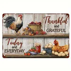 2D Flat - Rustic Vintage Metal Wall Sign - 12x8 Inch, Iron Decorative Plaque with Rooster & Fruit Design, Inspirational Quote "Thankful and Grateful Today and Everyday" - Country Style Home Decor for Christmas/Halloween, Wall Decor