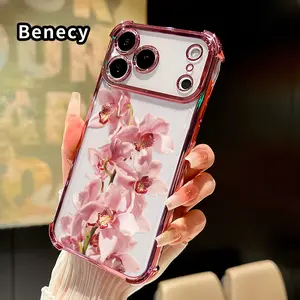 Phone Case for iPhone 17 Pro Max 16 15 Plus Air 14 13 12 11 E Brilliant Blooming Flowers Pattern Four-corner Thickened Anti-drop Protective Silicone Cover Gift
