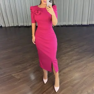 ChicMe Women's Round Neck Puff Sleeve 3D Flower Decor Bodycon Dress/Women's Ruched Floral Bodycon Dress Casual Ruched Slit Midi Dress for Wedding Guest & Wedding