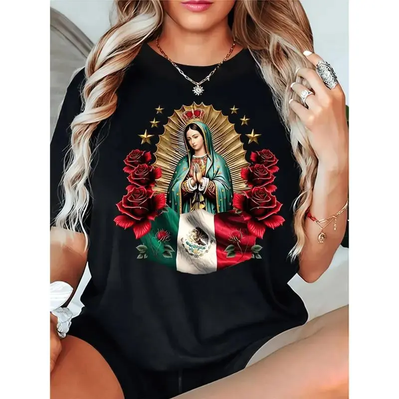 [Virgin Mary Mexican Flag Tee] Women's Virgin Mary & Mexican Flag Print Short Sleeve T-Shirt - Black Religious Casual Top with Red Roses, Medium Stretch, Regular Fit Round Neck, Machine Washable All-Season Tee, Mexican T Shirt