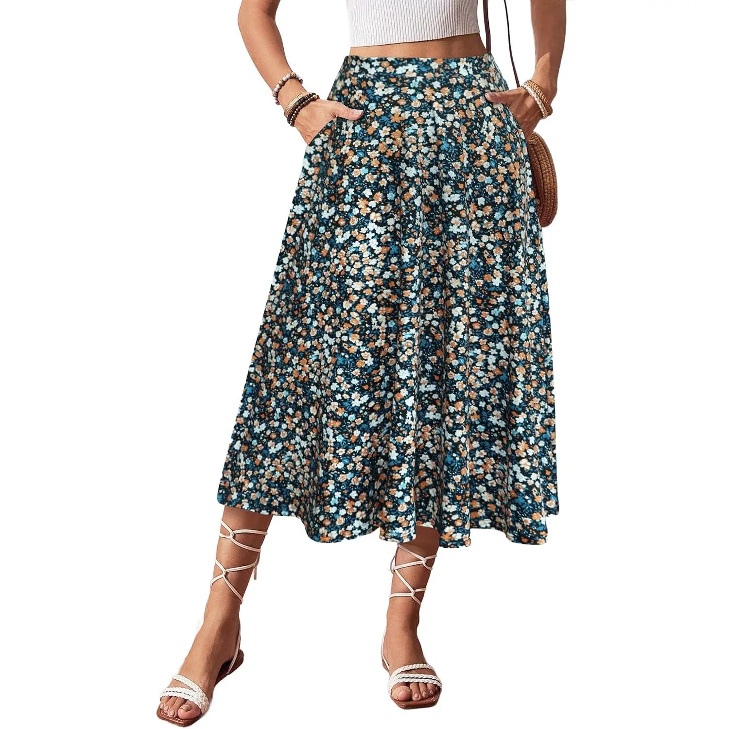 Women Midi Skirt A Line Flowy Flared Casual Skirt with Pocket