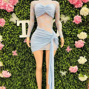 Elegant Light Blue Lace Bodycon Dress with Long Sleeves and Knot Detail for Special Occasions