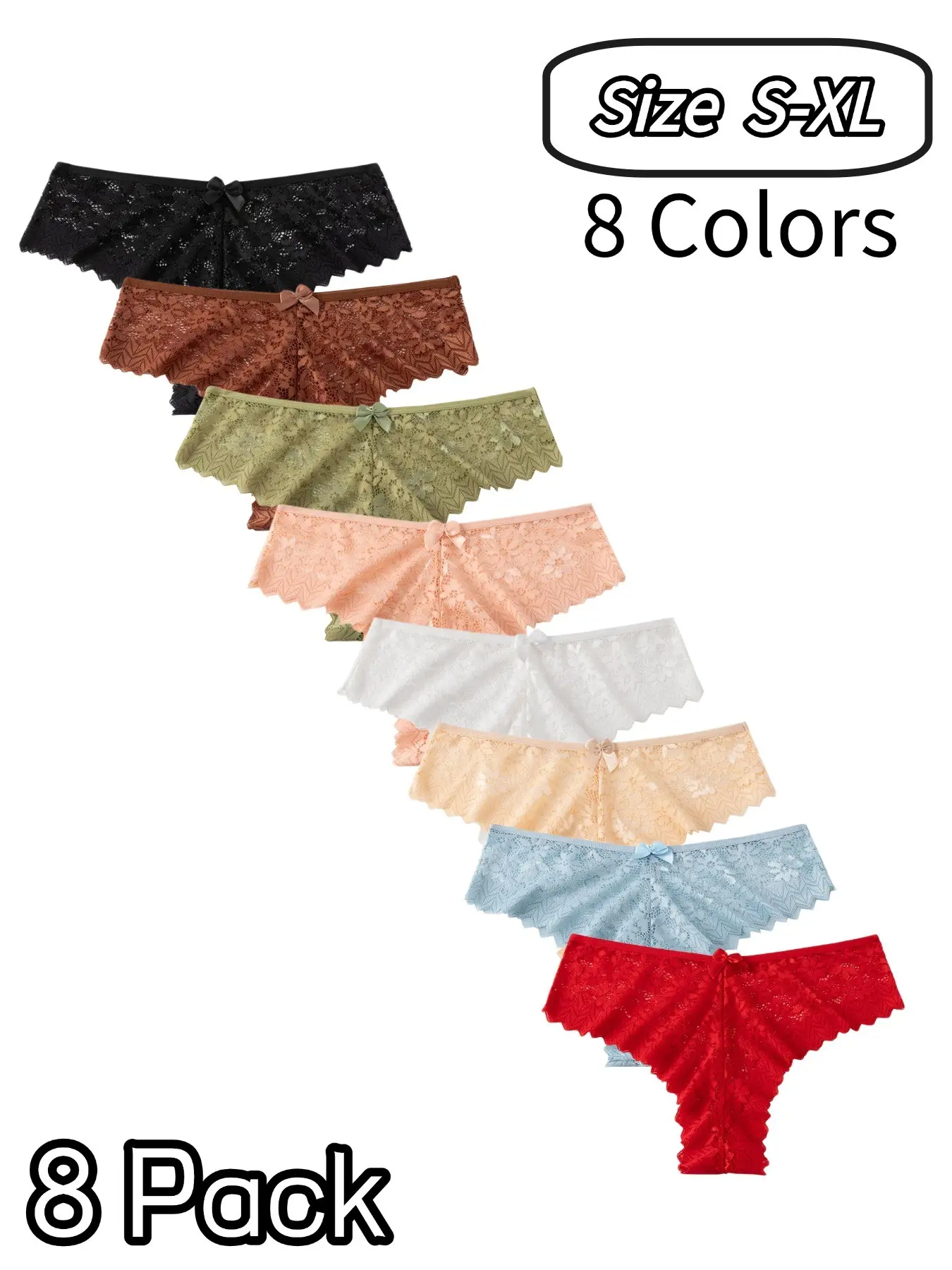 Rainbow Color Women's Lace Cutout Thong Panties, Lightweight Breathable Comfortable Sweet Girl Underwear, Daily Wear, Everyday, All Seasons, 8 Pcs Set
