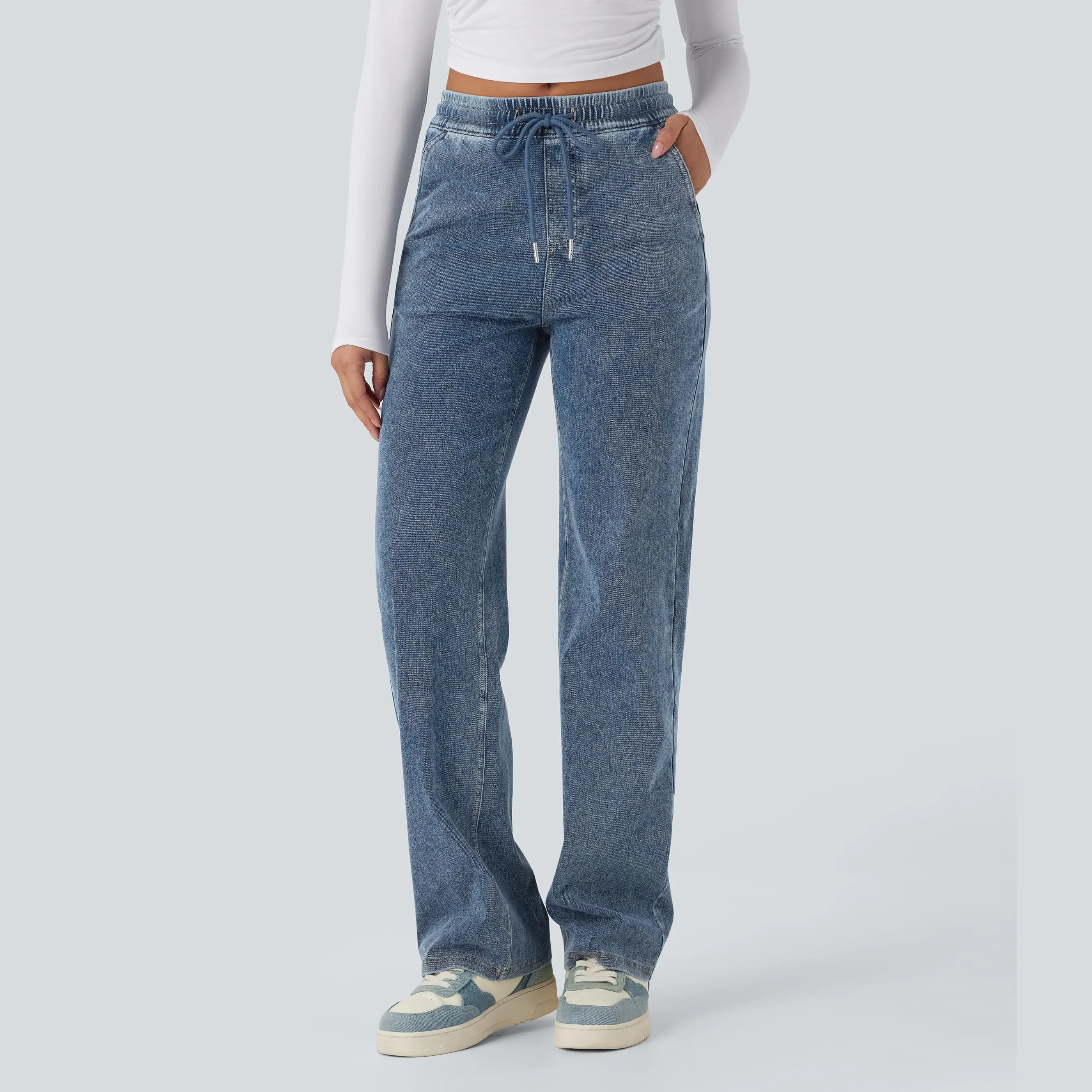 Halara Flex Mid Rise Drawstring Straight Leg Casual Jeans with Pockets