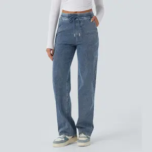 Halara Flex Mid Rise Drawstring Straight Leg Casual Jeans with Pockets