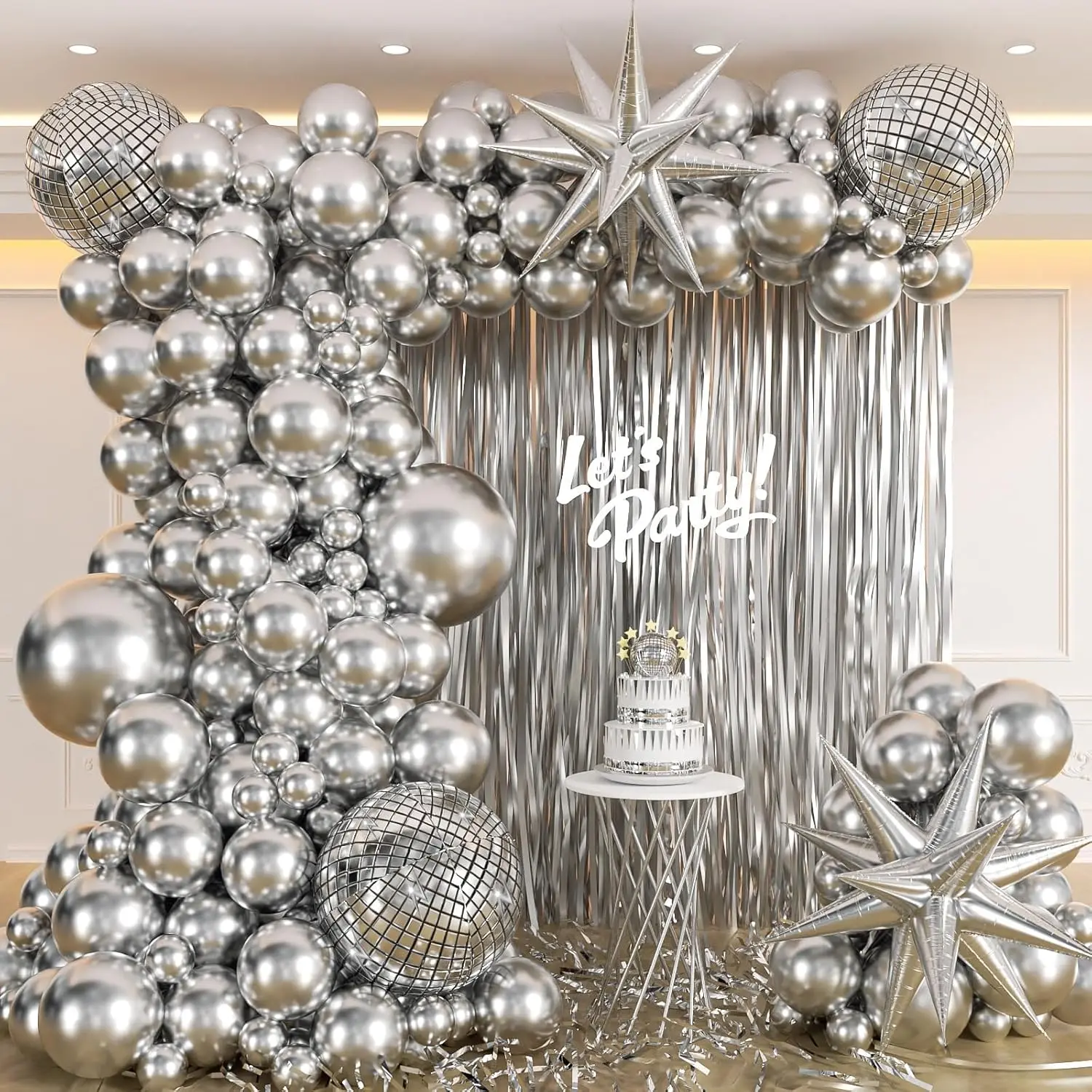 Metallic Silver Disco Balloon Garland Kit with Disco Ball Backdrop Party Decorations