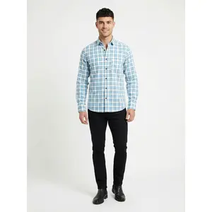 Men's Classic Blue and White Gingham Checkered Long Sleeve Button-Down Shirt