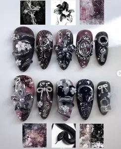 Gothic Romance Nails – Dark floral elegance in black, silver, and wine hues with crosses, lace, pearls, and chains, embodying vintage mystery and gothic luxury.