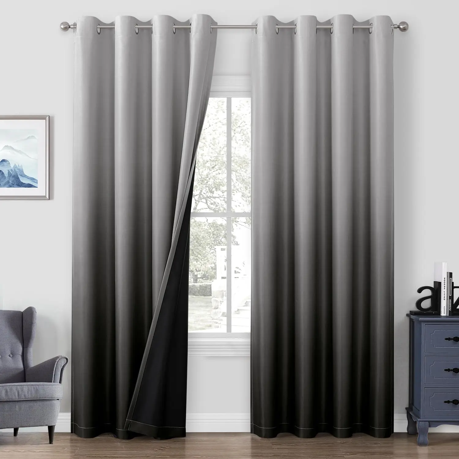 Black  Ombre Blackout Curtains for Bedroom, 52 X 84 Inches Long Room Darkening Gradient Light Blocking Thermal Insulated Grommet Drapes for Living Room, 2 Panels