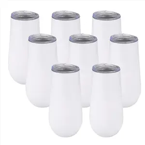 8-Pack Stemless Champagne Flute Glass Set, 6 oz Double-Insulated Drink Tumblers with Lids for Cocktails, White Beverage Cups