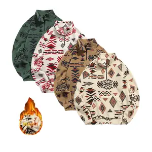 Men's Ethnic Style Half Zip Up Sports Jacket, Casual Comfortable Long Sleeve Stand Collar Pullover, Fleece Lined Warm Winter Coat for Autumn and Winter