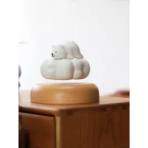 Magnetic Levitation White Cloud Little Polar Bear Flying Solid Wood Carving Trendy Ornament High-end Rotating Display Stand Gift