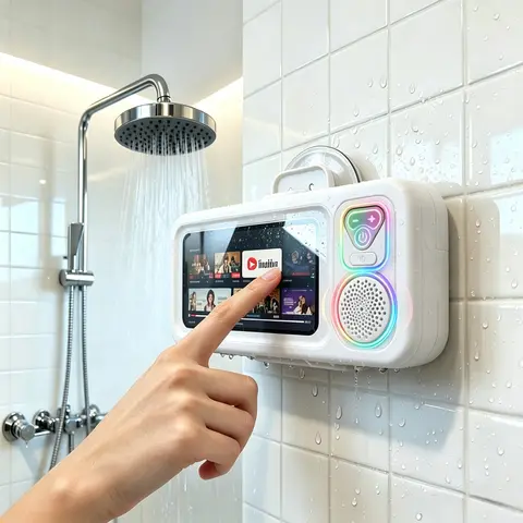 Portable Waterproof Wireless Bluetooth Speaker with 360-Degree Rotation Smartphone Holder, Wall Mount Shower Mirror Case, iPhone/Galaxy Compatibility, Flexible Rotating Speaker Design, Long-Lasting Battery, Easy Play, Portable Waterproof Speakers