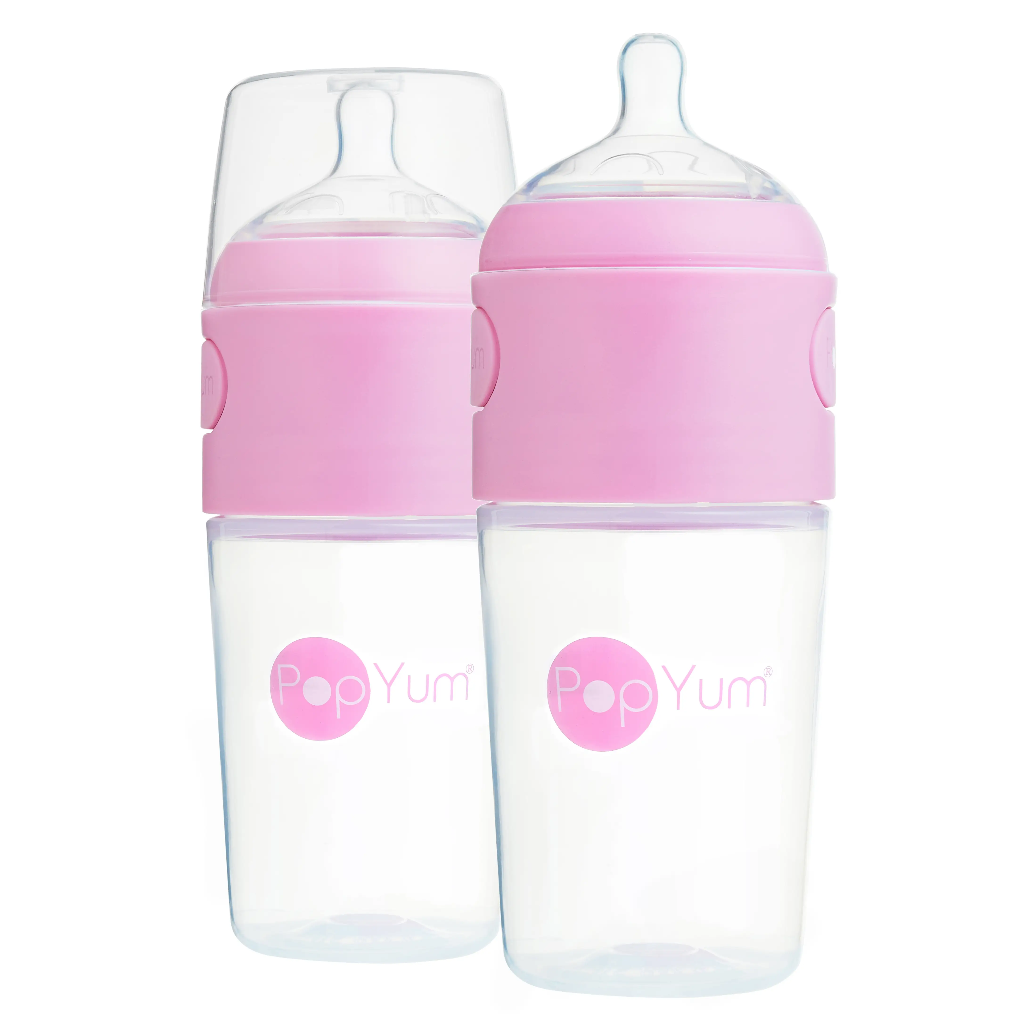 PopYum 9 oz Pink Anti-Colic Formula Making Baby Bottle, 2-Pack with #2 Medium Flow Nipples