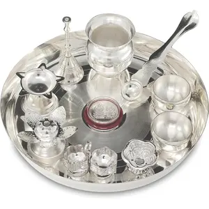 Silver Plated 8 Inch Pooja Thali Set with Plate Kalash Bowl Agarbatti Stand Palli Diya Kumkum Stand Coin Puja Thali for Diwali Home Mandir Office Wedding Return Gift