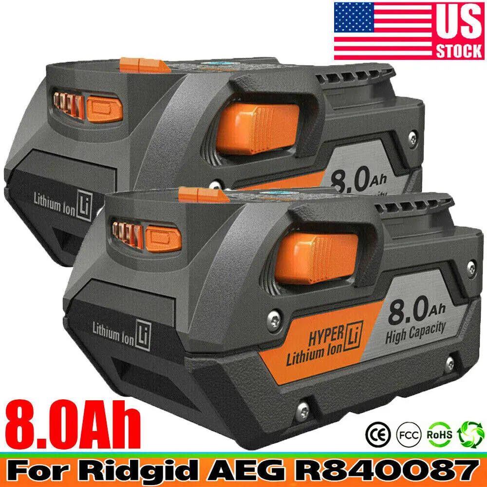 2025 New 2x 8.0Ah Lithium-Ion Batteries for Ridgid 18V R840085, AC840087 Power Tool Accessories, 100% New and High Quality Cells