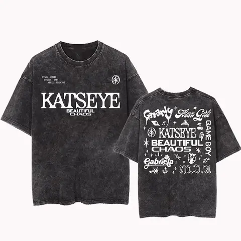 Katseye Beautiful Chaos Tracklist Mineral Wash Tee Kpop Gnarly Gabriela Soft is Strong Top Womenswear Fitted Crewneck Tshirt Summer Casual