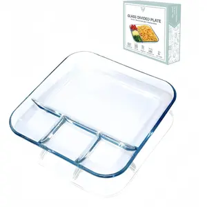 10 Inch Divided Plates, Tempered Glass Dinner Plates, Microwave & Dishwasher Safe, Meal Prep Plates for Portion Control,  Box Included